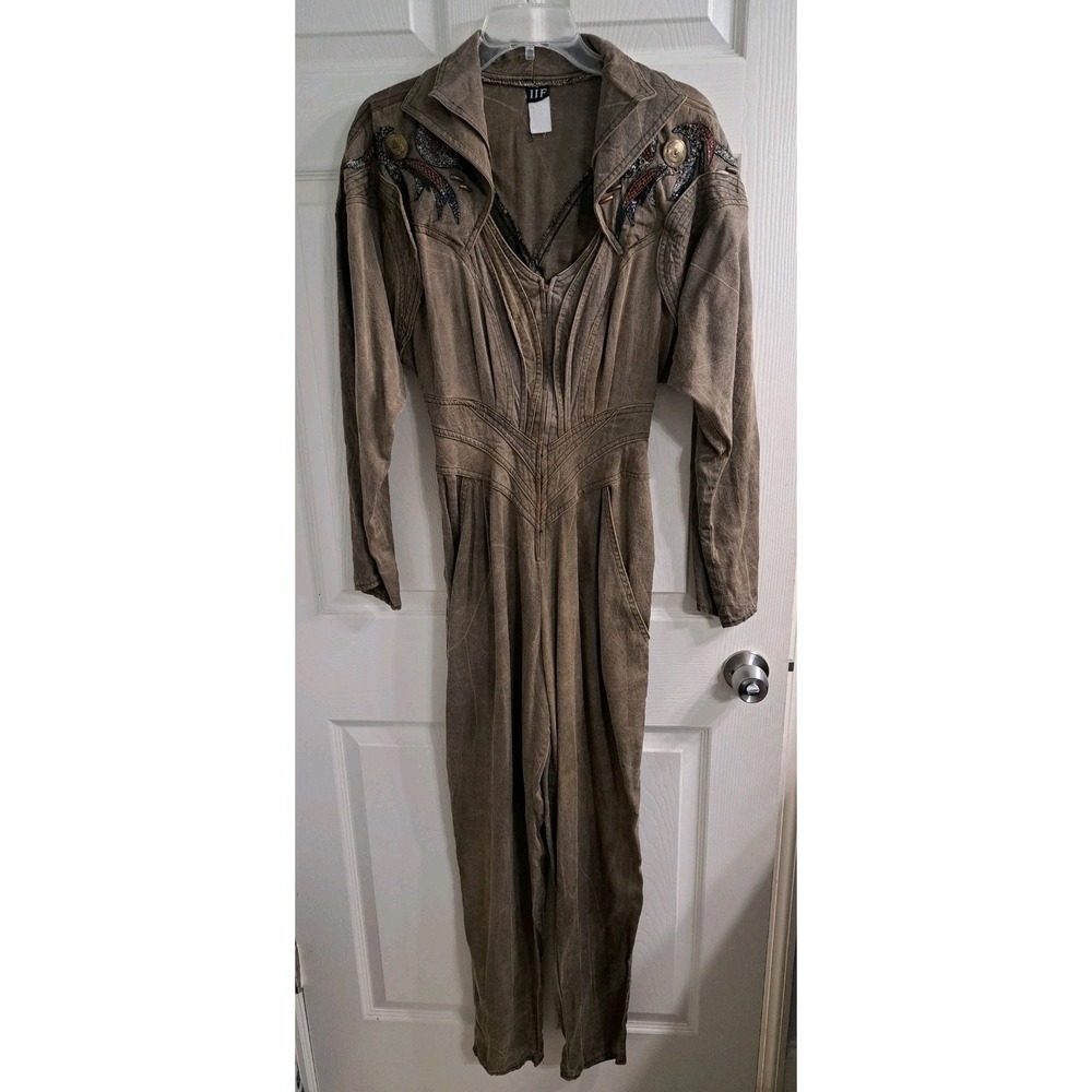Vtg IIF Womens 80s Jumpsuit Green Embellished Shoulders Size 4 Great conditionโ